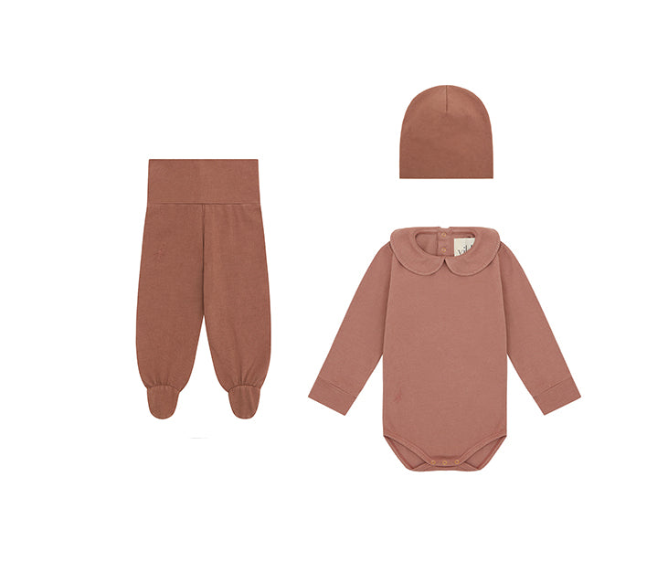 Organic Cotton LS Collared Bodysuit, Leggings and Hat Gift Set, Natural Clay Pink - Beetroot Dye