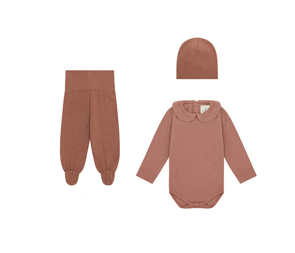 Organic Cotton LS Collared Bodysuit, Leggings and Hat Gift Set, Natural Clay Pink - Beetroot Dye